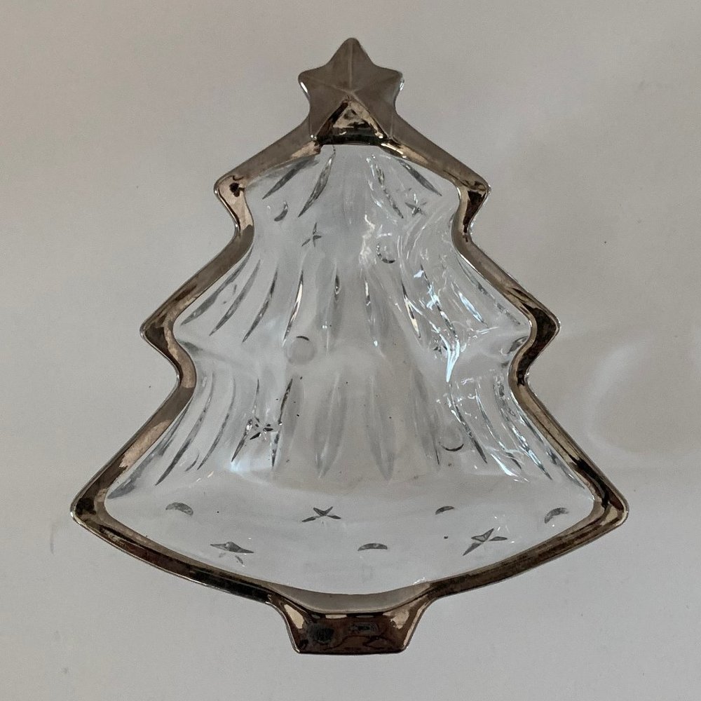 CHRISTMAS TREE CANDY DISH-SILVER TRIM-GLASS-NEW